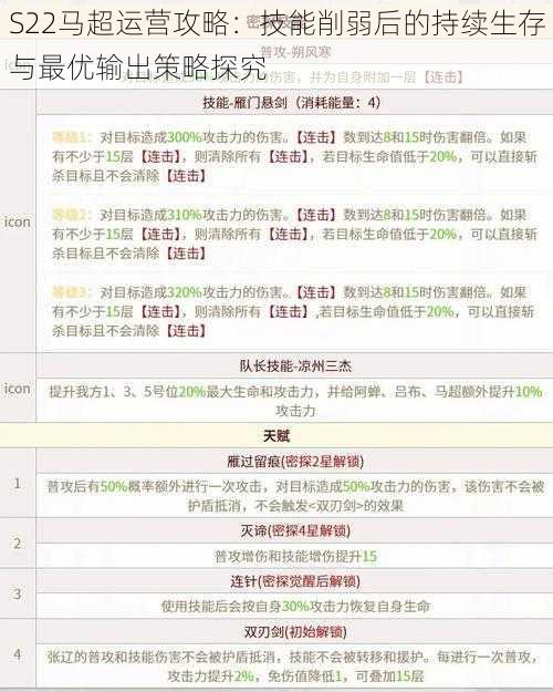 S22马超运营攻略：技能削弱后的持续生存与最优输出策略探究